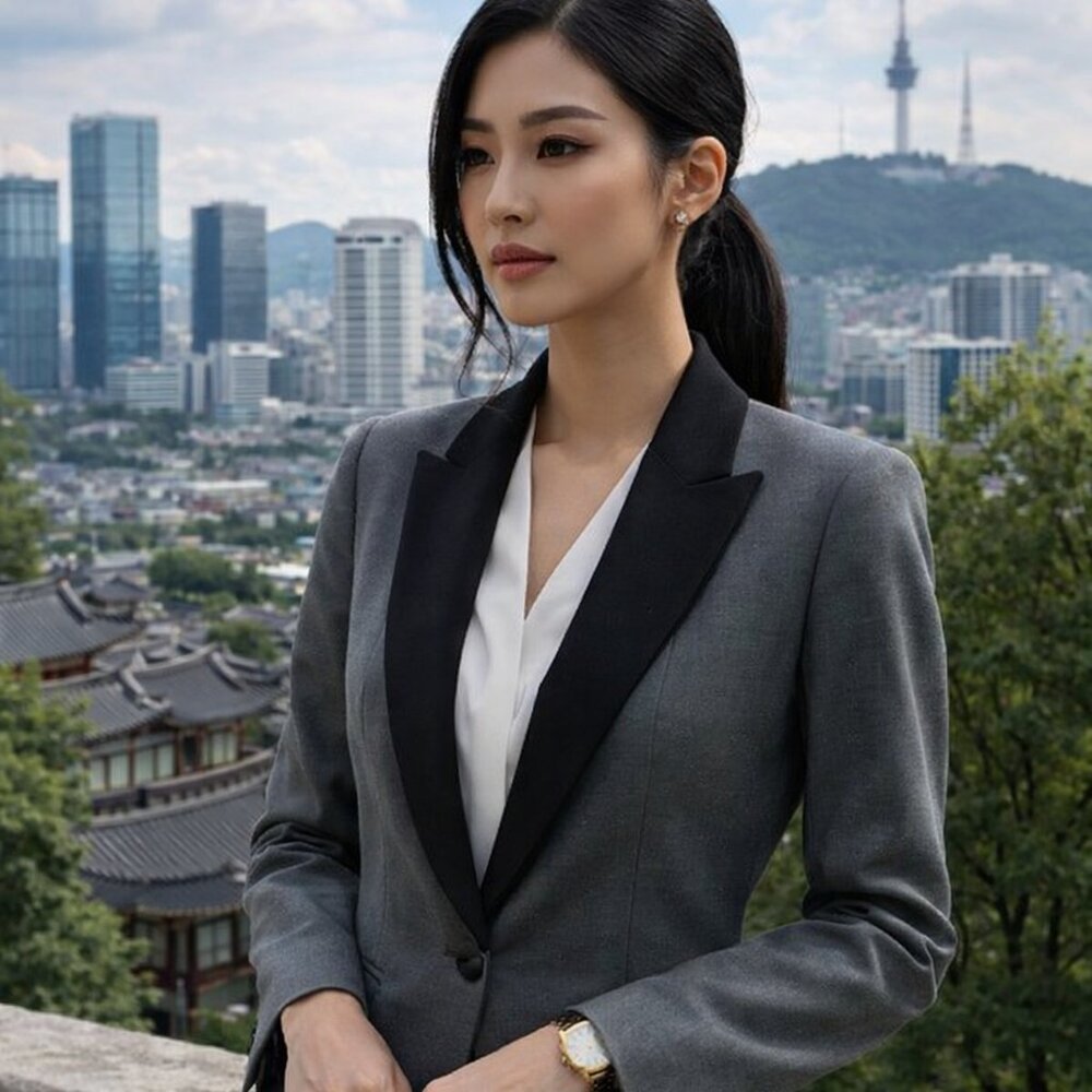 MICHAA KOREAN LUXURY BRAND Contrast Collar Tuxedo Long Lapel Jacket Blazer